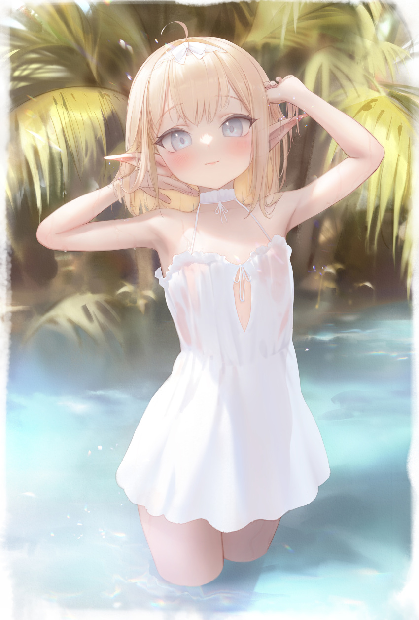 1girl absurdres ahoge armpits arms_up bingwei_huang blonde_hair blue_eyes blush border bow bow_hairband choker closed_mouth day dress flat_chest hairband highres lace lace-trimmed_hairband lace_choker lace_trim light_smile looking_at_viewer medium_hair original outdoors pointy_ears sleeveless sleeveless_dress solo standing sundress wading water wet wet_clothes wet_dress white_border white_bow white_choker white_dress white_hairband