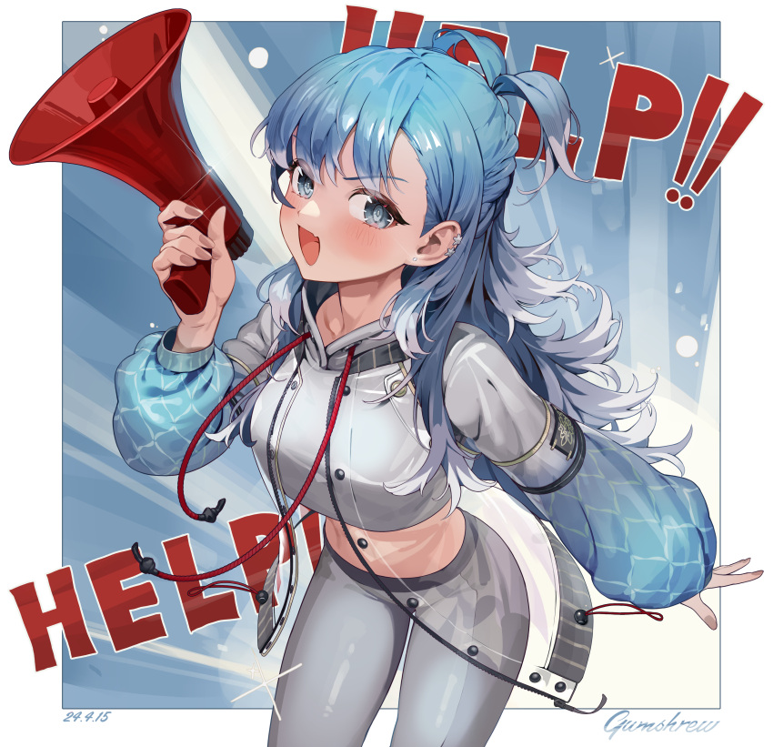 1girl absurdres blue_eyes blue_hair blue_jacket blush breasts cropped_jacket earrings english_text grey_jacket grey_pants gum_shrew highres hololive hololive_indonesia jacket jewelry kobo_kanaeru long_hair looking_at_viewer medium_breasts megaphone multicolored_clothes multicolored_hair multicolored_jacket open_mouth pants see-through see-through_jacket smile solo star_piercing two-tone_hair two-tone_jacket virtual_youtuber white_hair