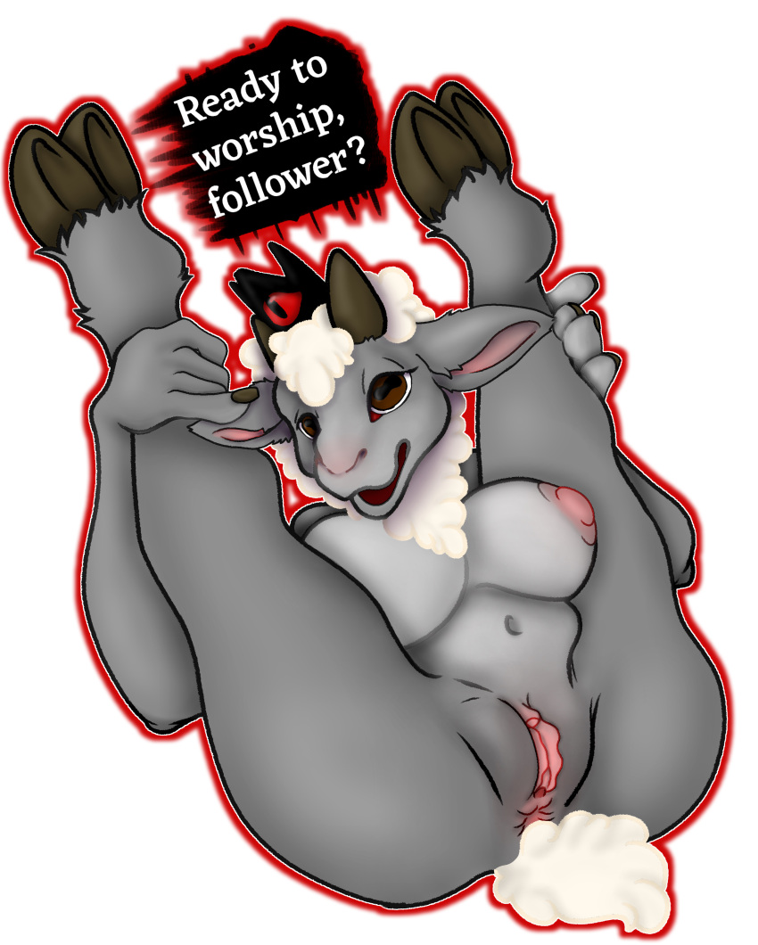 absurd_res anthro anus bovid breasts butt caprine cult_of_the_lamb digital_drawing_(artwork) digital_media_(artwork) digital_painting_(artwork) female full-length_portrait fullcolor genitals hi_res legs_up mammal massive_monster_(studio) nehocane portrait pussy sheep solo sticker