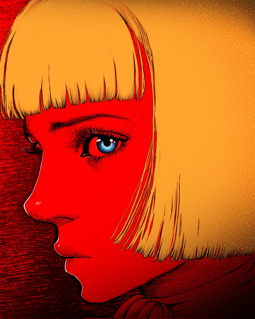 1girl berserk blonde_hair blue_eyes close-up commentary expressionless eyelashes farnese_(berserk) highres limited_palette lips nisino2222 portrait profile solo