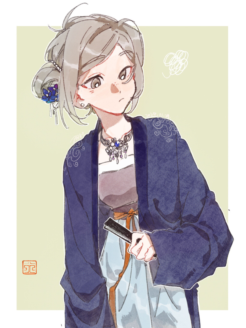 1girl alternate_costume blue_jacket chinese_clothes earrings flower folded_fan folding_fan grey_eyes grey_hair hair_bun hair_flower hair_ornament hand_fan highres holding holding_fan jacket jewelry looking_to_the_side necklace nian_lun_xing_xing_hao_qu_xue_xi_ba reverse:1999 short_hair single_hair_bun solo vertin_(reverse:1999)