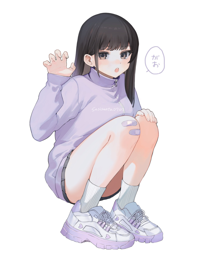 1girl :o artist_name bandaid bandaid_on_knee bandaid_on_leg black_hair black_skirt blush claw_pose gao hand_on_own_knee highres jacket looking_at_viewer original purple_jacket shoes simple_background skirt sneakers socks solo squatting susisanta0707 white_background white_socks