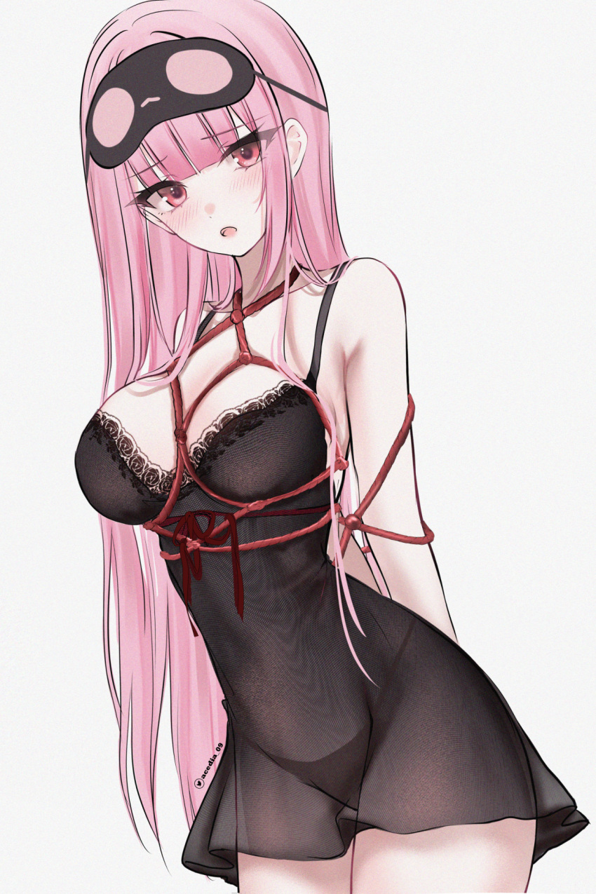 1girl acedia arms_behind_back artist_name bare_shoulders black_mask black_nightgown black_panties blush breasts collarbone commentary highres hololive hololive_english large_breasts long_hair looking_at_viewer mask mask_on_head mori_calliope mori_calliope_(sleepwear) multicolored_hair nightgown official_alternate_costume open_mouth panties pink_eyes pink_hair red_ribbon red_rope ribbon rope shibari simple_background sleep_mask solo thighs twitter_logo twitter_username underwear virtual_youtuber white_background
