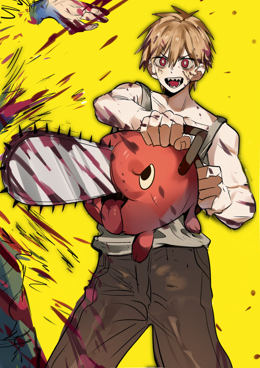 1boy absurdres animal bare_shoulders black_eyes blonde_hair blood blood_on_clothes blood_on_face blood_on_weapon blood_splatter bright_pupils brown_pants chainsaw chainsaw_man demon denji_(chainsaw_man) dismemberment dog hair_between_eyes highres holding holding_animal open_mouth pants pochita_(chainsaw_man) red_eyes severed_hand sharp_teeth tank_top teeth tongue tongue_out v-shaped_eyebrows weapon xi_luo_an_ya yellow_background