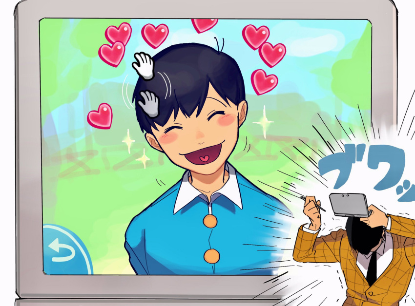 antenna_hair black_hair blue_shirt blush_stickers buttons child closed_eyes collared_shirt gameplay_mechanics ghost_hands handheld_game_console headpat heart heart_in_mouth highres inset maririnbo matsuno_osomatsu nintendo_ds osomatsu-kun shirt smile so_moe_i'm_gonna_die! sparkle tougou_(osomatsu-kun) trembling user_interface