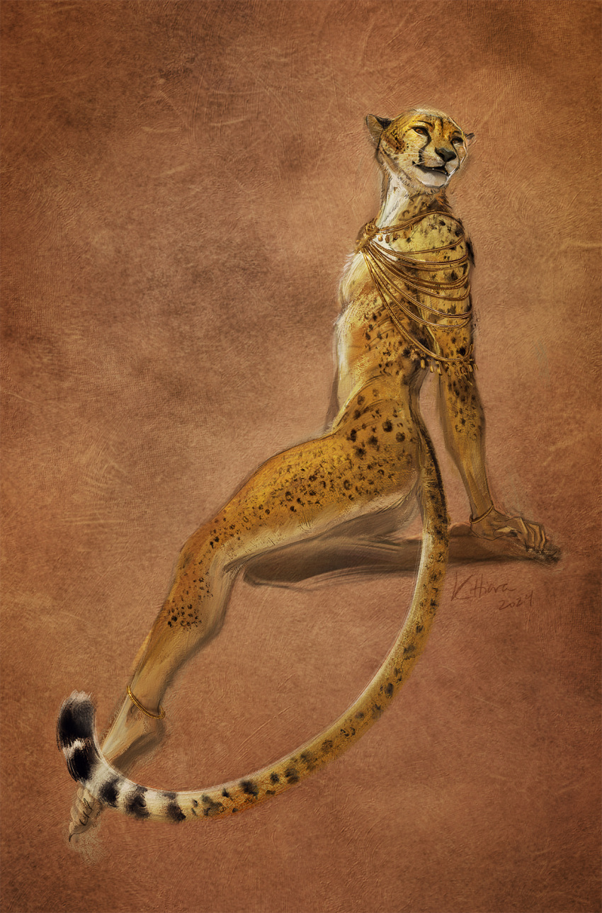 2024 anthro cheetah digital_media_(artwork) felid feline hi_res jewelry jewelry_only kittiara looking_back male mammal nude orange_eyes plantigrade solo tasteful_nudity
