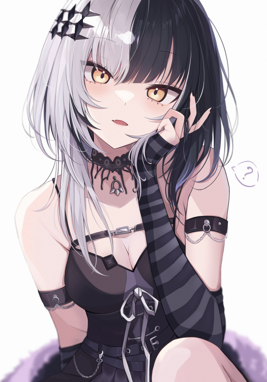 :o absurdres bare_shoulders black_hair black_nails breasts choker choppy_bangs cleavage fang highres long_hair looking_at_viewer medium_breasts misa1587 multicolored_hair shiori_novella split-color_hair two-tone_hair upper_body virtual_youtuber white_background white_hair yellow_eyes