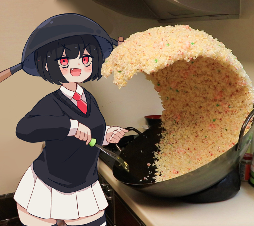 :d black_hair black_sweater black_thighhighs bob_cut bowl breasts collared_shirt commentary cooking counter cowboy_shot dress_shirt english_commentary fang flipping_food food fried_rice fried_rice_prank_(meme) highres holding holding_cooking_pot holding_spatula jitome kitchen looking_at_viewer mai_(melonbread) medium_breasts melonbread meme necktie open_mouth original photo_background pleated_skirt pot_on_head red_necktie school_uniform shirt short_hair skirt smile smug spatula standing sweater thighhighs upturned_eyes v-neck v-shaped_eyebrows white_shirt white_skirt wok zettai_ryouiki