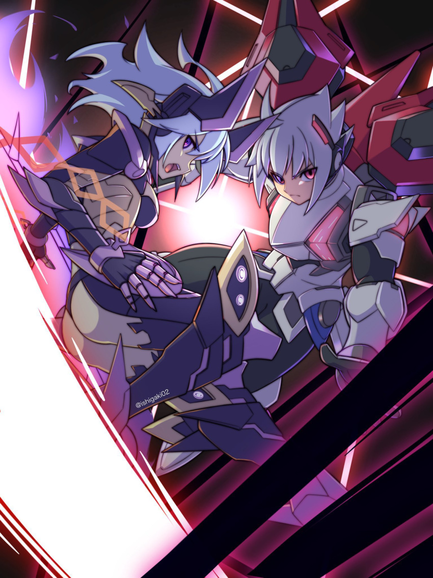 1boy 1girl acura_(gunvolt) ahoge armor armored_boots azure_striker_gunvolt black_footwear black_gloves blue_eyes boots breasts gloves grey_hair gunvolt_chronicles_luminous_avenger_ix headgear highres idol ishigaki_(sora_roxas) mechanical_wings power_armor red_eyes robot_girl roro_(gunvolt) short_hair small_breasts spiked_hair twitter_username white_armor white_hair wings