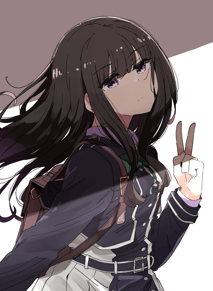 1girl absurdres belt black_hair bow bowtie briefcase floating_hair green_bow green_bowtie highres inoue_takina light_frown long_hair looking_at_viewer lycoris_recoil lycoris_uniform nyoijizai purple_eyes school_briefcase solo upper_body v