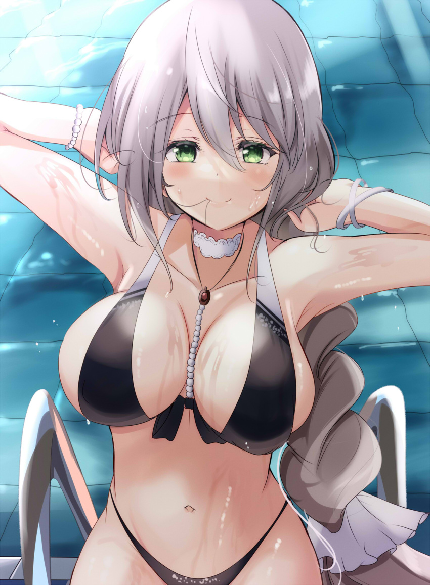 1girl aquila_(a_sip_of_sardegnian_elegance)_(azur_lane) aquila_(azur_lane) armpits arms_behind_head arms_up azur_lane bangle between_breasts bikini black_bikini bracelet braid breasts choker grey_hair hair_in_own_mouth hand_in_own_hair highleg highleg_bikini highres jewelry large_breasts long_hair looking_at_viewer monokini navel official_alternate_costume pool single_braid swimsuit tonchinkan white_choker