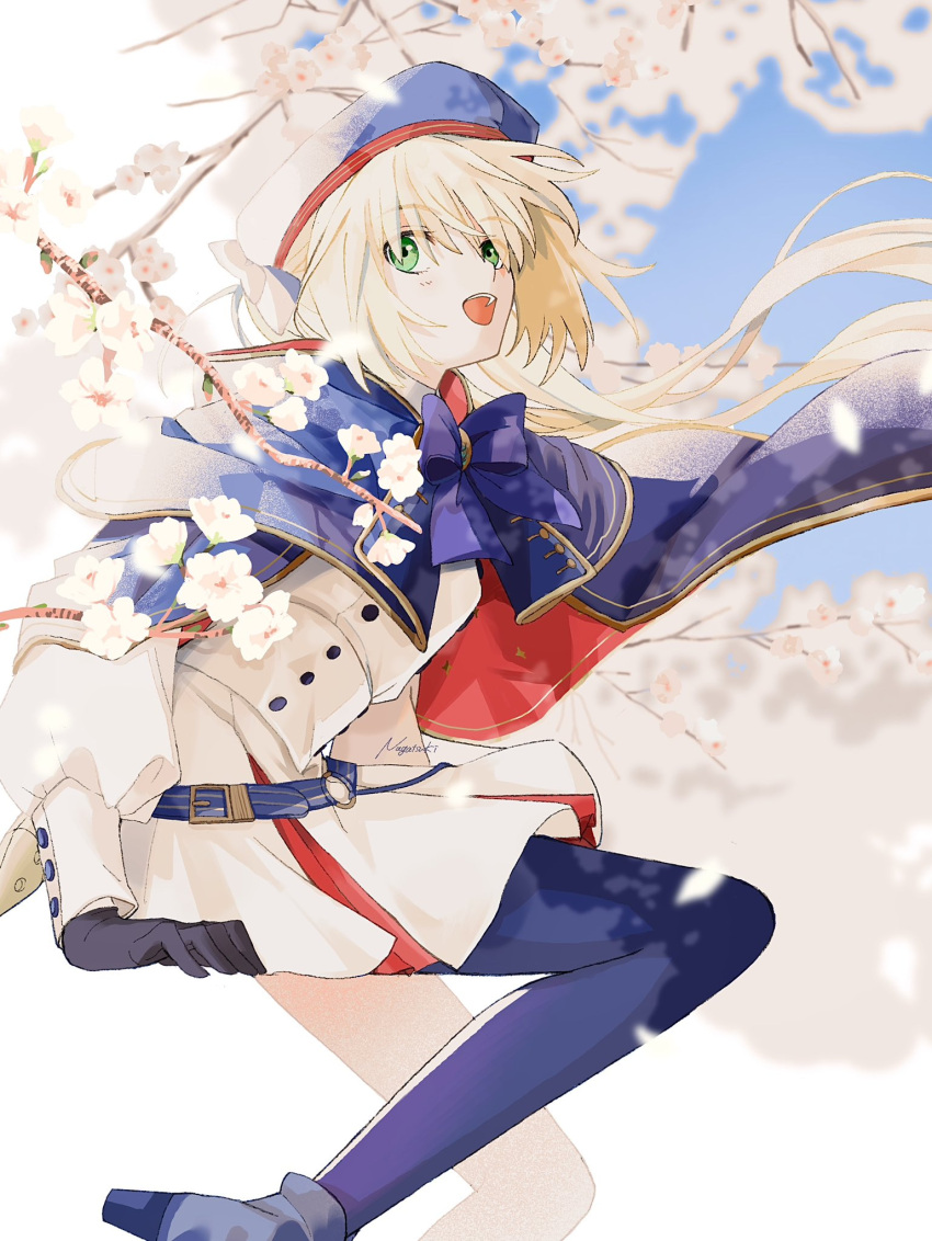 1girl artoria_caster_(fate) artoria_caster_(second_ascension)_(fate) artoria_pendragon_(fate) belt beret blue_belt blue_cloak blue_sky blush buttons cherry_blossoms cloak fate/grand_order fate_(series) gem green_gemstone hat highres huwamo9_8ku shirt sitting skirt sky smile white_shirt white_skirt