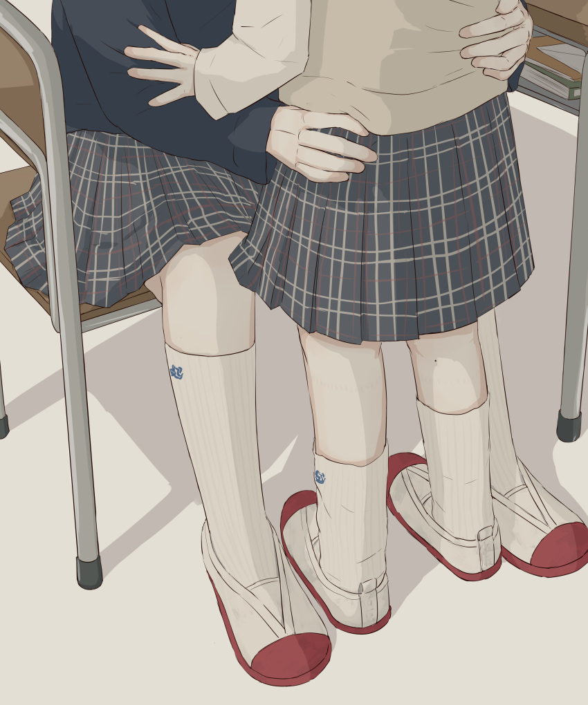 2girls absurdres ankle_socks avogado6 black_shirt book chair classroom desk hand_on_another's_arm hand_on_another's_back head_out_of_frame highres hug implied_kiss kneehighs kneepits long_sleeves lower_body multiple_girls original plaid plaid_skirt pleated_skirt school school_chair school_desk school_uniform shirt sitting skirt socks yuri