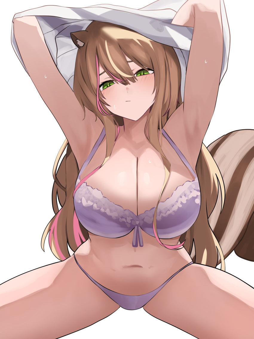 1girl absurdres alternate_breast_size animal_ears armpits arms_up ayunda_risu blush bow bow_bra bra breasts brown_hair green_eyes hair_between_eyes highres hololive hololive_indonesia large_breasts long_hair looking_at_viewer multicolored_hair navel panties pink_hair shirt si_farid simple_background solo spread_legs squirrel_ears squirrel_girl squirrel_tail streaked_hair tail underwear undressing very_long_hair virtual_youtuber white_background white_bra white_hair white_panties white_shirt