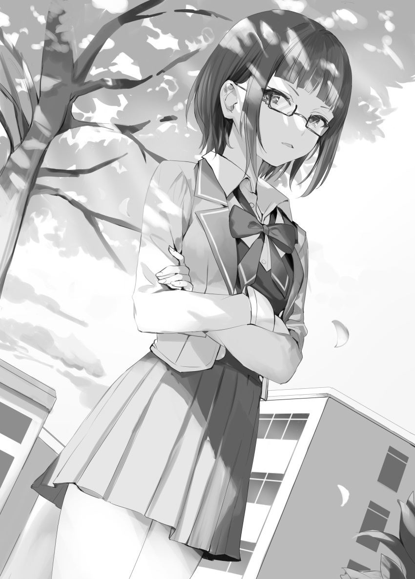 1girl absurdres blazer blunt_bangs bow bowtie building collared_shirt commentary_request cowboy_shot crossed_arms dutch_angle glasses greyscale highres jacket looking_at_viewer medium_hair momoko_(momopoco) monochrome novel_illustration official_art parted_lips pleated_skirt school_uniform shirt sidelocks skirt sky solo standing taniyama_sayaka tokidoki_bosotto_roshia-go_de_dereru_tonari_no_arya-san tree wing_collar