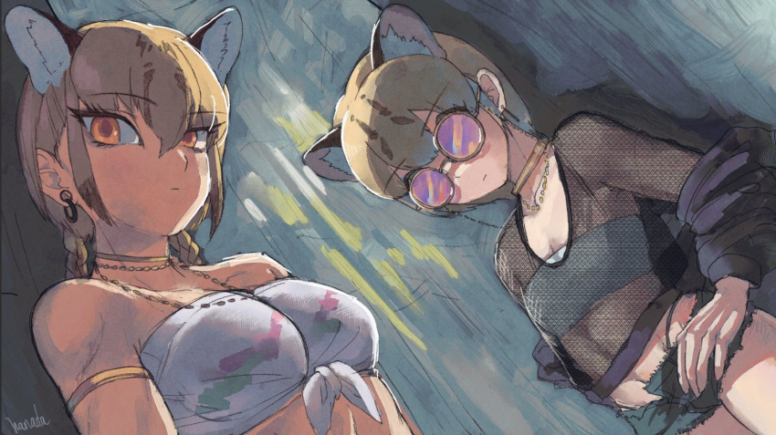 2girls alternate_costume animal_ears arms_at_sides bandeau blonde_hair braid breasts brown_hair closed_mouth dutch_angle earrings expressionless extra_ears fishnets front-tie_top glasses hair_between_eyes hanada_(cobalt003) hand_on_own_hip jewelry kemono_friends long_hair looking_at_viewer margay_(kemono_friends) medium_breasts multicolored_hair multiple_girls necklace ocelot_(kemono_friends) opaque_glasses open_clothes open_fly open_shorts orange_eyes purple-tinted_eyewear round_eyewear short_hair short_shorts shorts small_breasts strapless sunglasses tinted_eyewear twin_braids unzipped