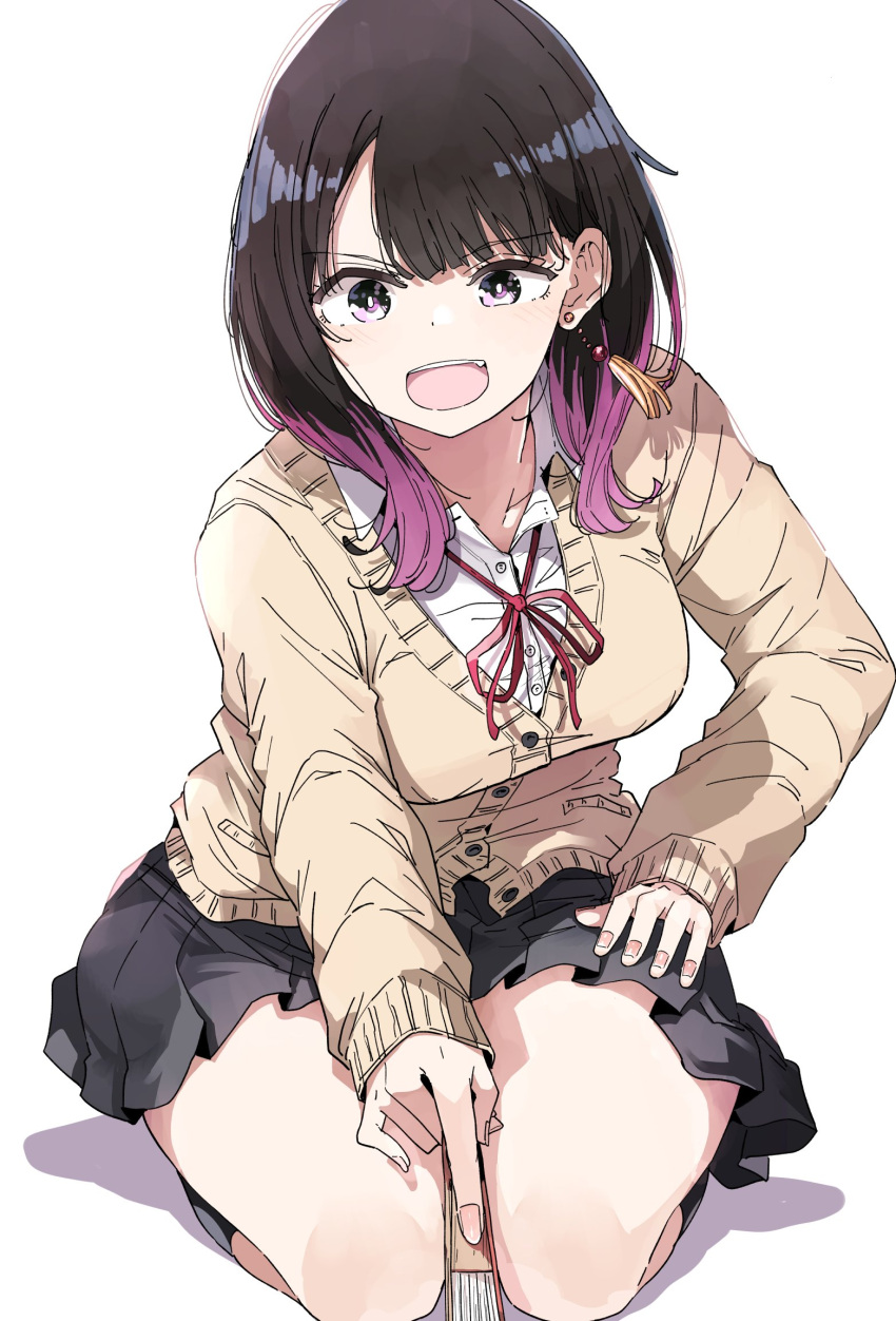 1girl :d akane-banashi brown_cardigan cardigan dress_shirt earrings hand_fan hand_on_own_hip highres holding holding_fan jewelry kneehighs looking_at_viewer nyoijizai open_mouth osaki_akane_(akane-banashi) school_uniform seiza shirt simple_background single_earring sitting smile socks solo tassel tassel_earrings teeth upper_teeth_only white_background white_shirt