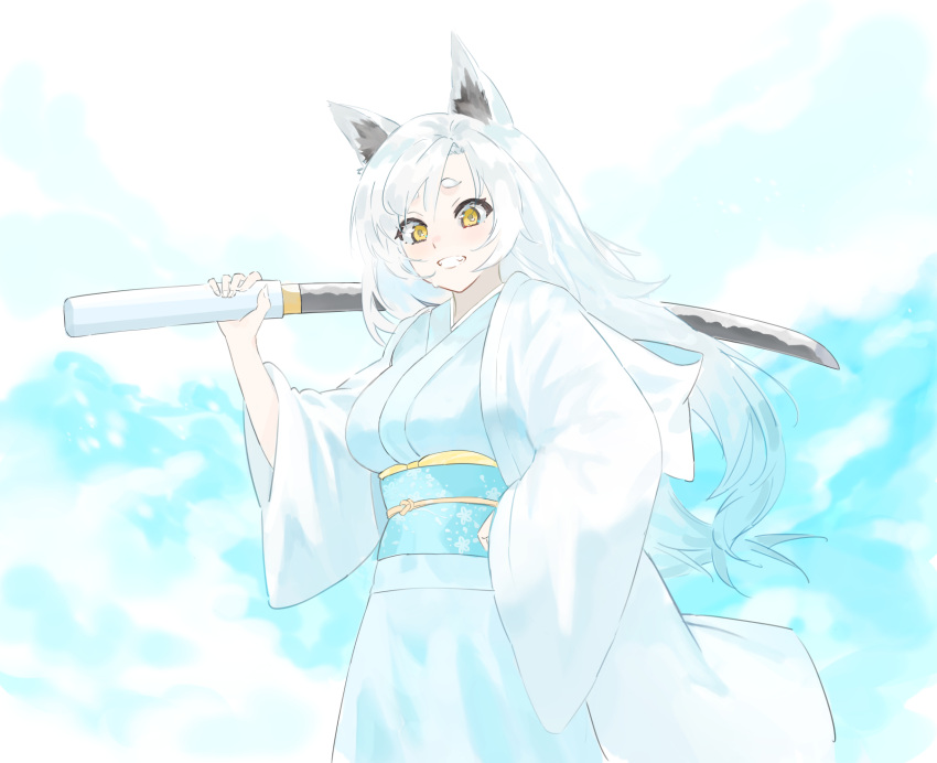 1girl animal_ear_fluff animal_ears blue_background blue_kimono blue_sash blush breasts cowboy_shot fang fishofthelakes floating_hair grin hand_on_own_hip hand_up highres holding holding_sword holding_weapon japanese_clothes katana kimono long_hair long_sleeves looking_at_viewer obi obiage obijime original parted_bangs sash short_eyebrows small_sweatdrop smile solo sword underbust weapon white_hair white_haori wide_sleeves yellow_eyes