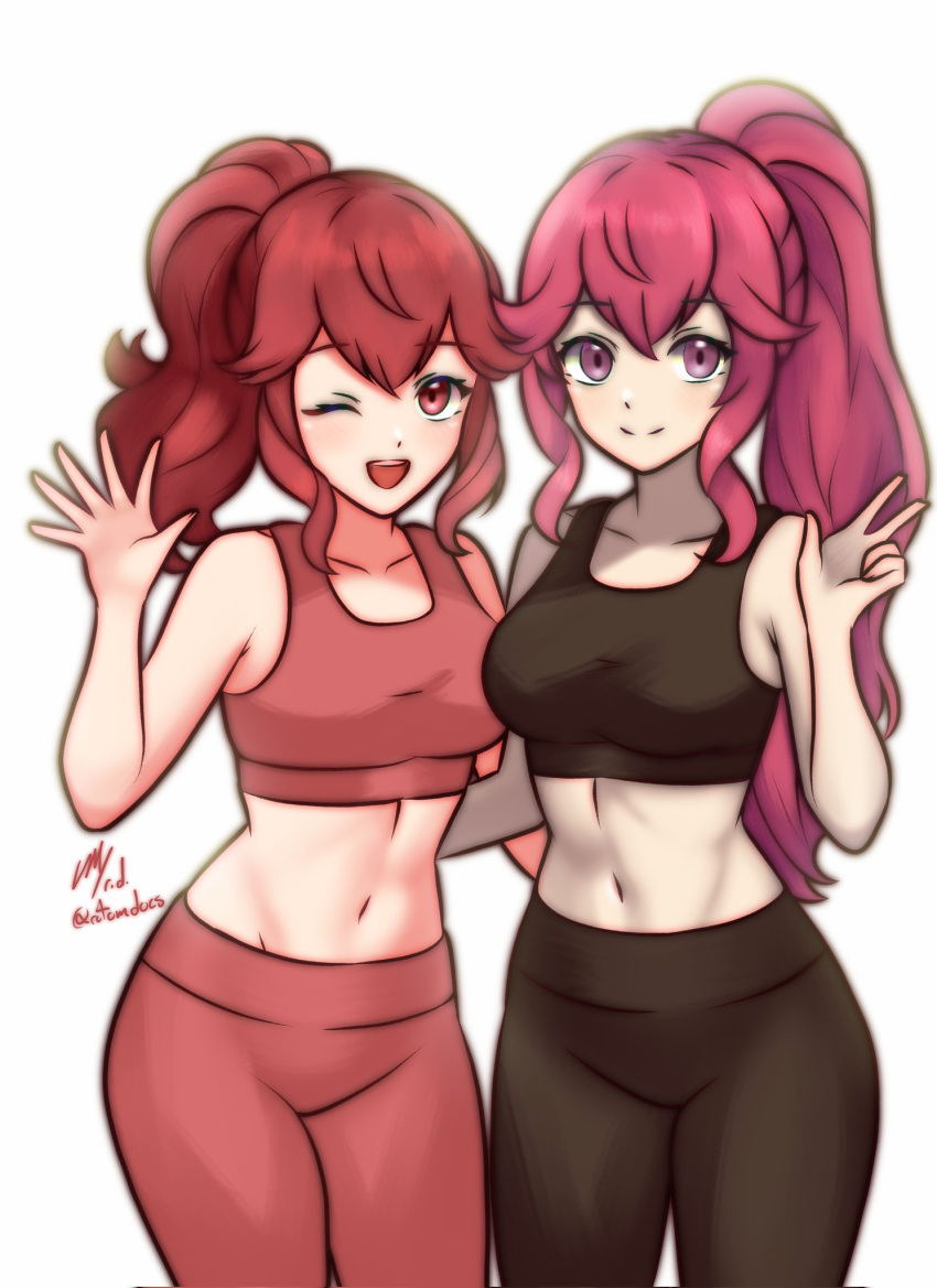 2girls ;d anna_(fire_emblem) bare_arms bare_shoulders black_pants commentary cowboy_shot crop_top dual_persona english_commentary extra_digits fire_emblem highres leggings long_hair looking_at_viewer midriff multiple_girls navel one_eye_closed open_mouth pants ponytail purple_eyes red_eyes red_hair red_pants rotomdocs simple_background smile sports_bra standing stomach thighs very_long_hair w white_background