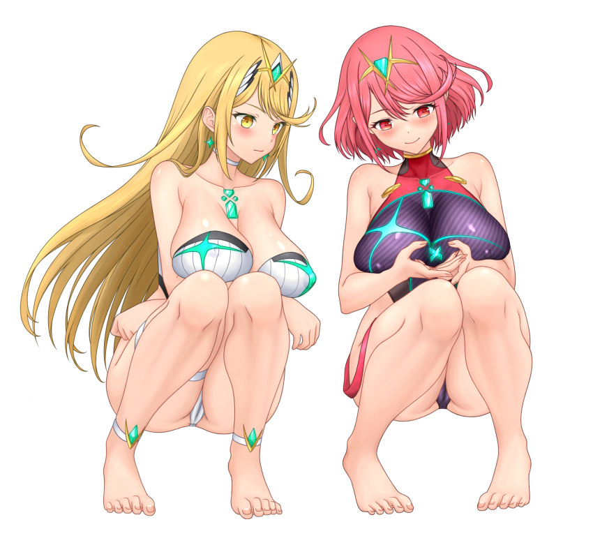 2girls armpit_crease barefoot bikini blonde_hair blush breasts cameltoe closed_mouth collarbone commentary core_crystal_(xenoblade) covered_nipples dangle_earrings earrings english_commentary eyelashes feet feichu_keju full_body gloves gold_trim hair_between_eyes highleg highleg_swimsuit highres huge_breasts jewelry knees_together_feet_apart long_hair looking_down medium_hair multiple_girls mythra_(xenoblade) one-piece_swimsuit own_hands_together panties purple_one-piece_swimsuit pyra_(xenoblade) red_eyes red_hair red_one-piece_swimsuit sidelocks simple_background skindentation skirt smile squatting swept_bangs swimsuit thigh_strap tiara toenails toes underwear variant_set very_long_hair white_bikini xenoblade_chronicles_(series) xenoblade_chronicles_2 yellow_eyes