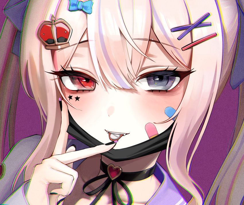 1girl absurdres bandaid bandaid_on_face black_choker black_eyes black_mask black_nails blonde_hair choker chromatic_aberration close-up collarbone crown_hair_ornament double-parted_bangs fangs hair_between_eyes hair_ornament hairclip hand_up heart heart_choker heterochromia highres index_finger_raised lee_jooin long_hair long_sleeves mask mask_pull mouth_mask multicolored_hair pill pill_on_tongue pink_background purple_sailor_collar red_eyes ribbon_choker s_bokdong sailor_collar sidelocks streaked_hair surgical_mask sweat teeth tongue tongue_out twintails upper_teeth_only v-lup virtual_youtuber x_hair_ornament