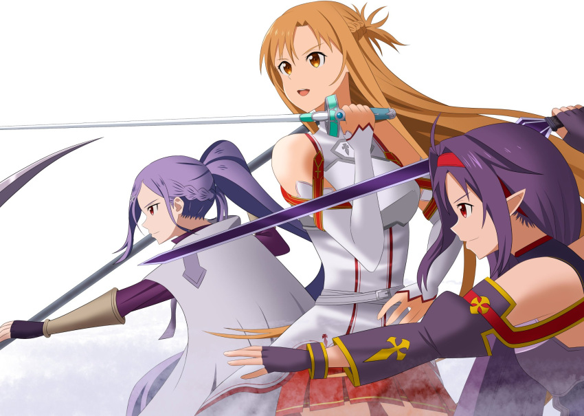 3girls armor asuna_(sao) bare_shoulders belt cloak commentary_request headband hedgehog_(harinezumi) highres holding holding_scythe holding_sword holding_weapon long_hair long_sleeves mito_(sao) multiple_girls open_mouth ponytail purple_hair red_eyes red_headband scythe simple_background sleeveless sword sword_art_online weapon white_background white_cloak yuuki_(sao)