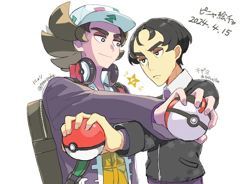 2boys black_eyes bright_pupils closed_mouth collared_shirt commentary_request dated eyeshadow giacomo_(pokemon) hat headphones highres holding holding_poke_ball jacket makeup male_focus multiple_boys nyoripoke open_clothes open_jacket pointy_hair poke_ball poke_ball_(basic) pokemon pokemon_sv shirt smile timer_ball twitter_username upper_body vest white_background white_hat white_pupils yellow_vest