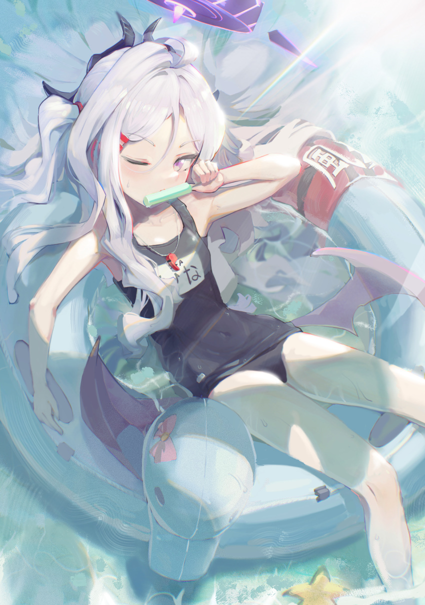 1girl absurdres afloat ahoge blue_archive blue_one-piece_swimsuit blush chromatic_aberration collarbone covered_navel demon_horns demon_wings duck_innertube eating english_commentary feet_out_of_frame food grey_hair hair_between_eyes hair_ornament hair_spread_out hairclip halo highres hina_(blue_archive) hina_(swimsuit)_(blue_archive) holding holding_food holding_popsicle horns innertube jpg. long_hair looking_at_viewer low_wings multiple_horns name_tag old_school_swimsuit on_innertube one-piece_swimsuit one_eye_closed one_side_up popsicle purple_eyes purple_halo school_swimsuit solo sunlight swim_ring swimsuit whistle whistle_around_neck wings