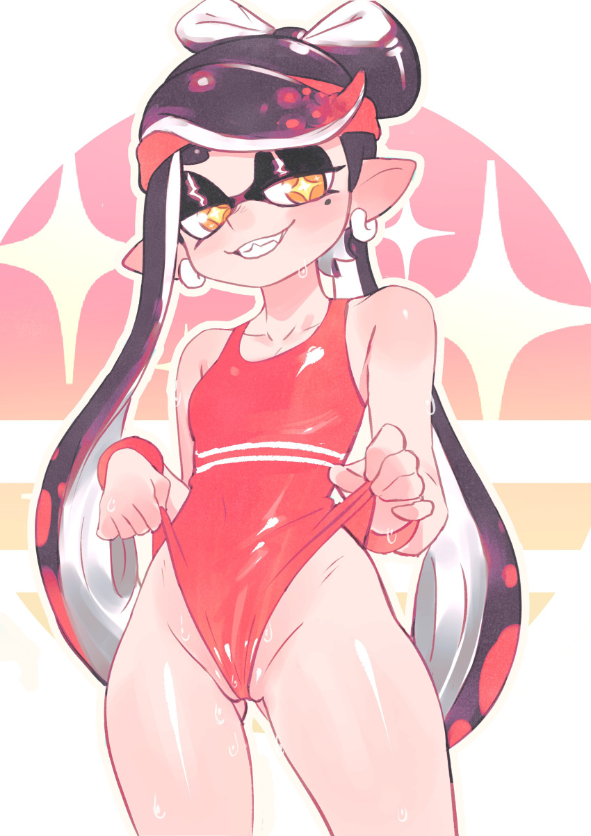 1girl absurdres ass_visible_through_thighs black_hair breasts callie_(splatoon) colo_(nagrolaz) domino_mask earrings fangs grin headband highres jewelry leotard long_hair mask mole mole_under_eye pointy_ears pussy small_breasts smile splatoon_(series) splatoon_1 swept_bangs tentacle_hair twintails wristband yellow_eyes