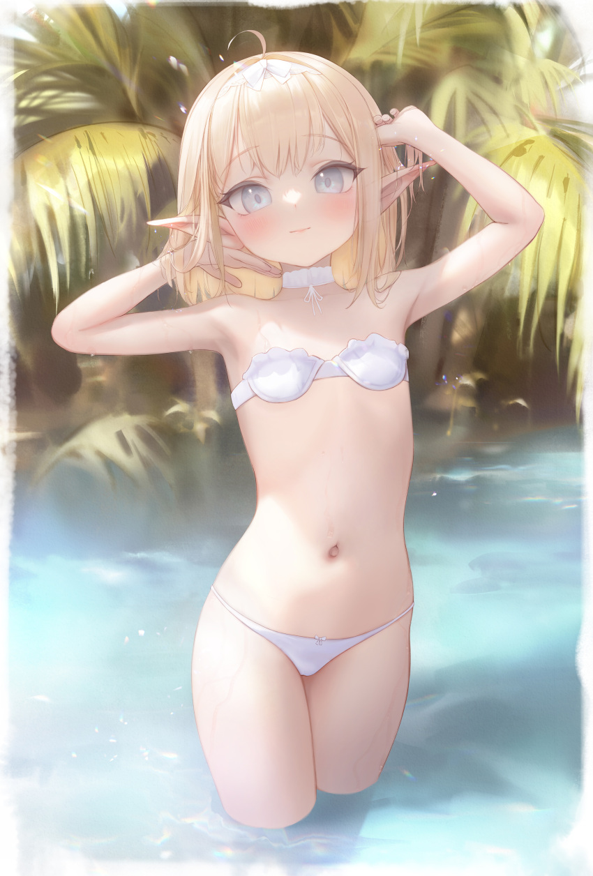 1girl absurdres ahoge armpits arms_up bikini bingwei_huang blonde_hair blue_eyes blush border bow bow_hairband choker closed_mouth day flat_chest hairband highres lace lace-trimmed_hairband lace_choker lace_trim light_smile looking_at_viewer medium_hair navel original outdoors pointy_ears solo standing stomach strapless strapless_bikini swimsuit wading water wet white_bikini white_border white_bow white_choker white_hairband