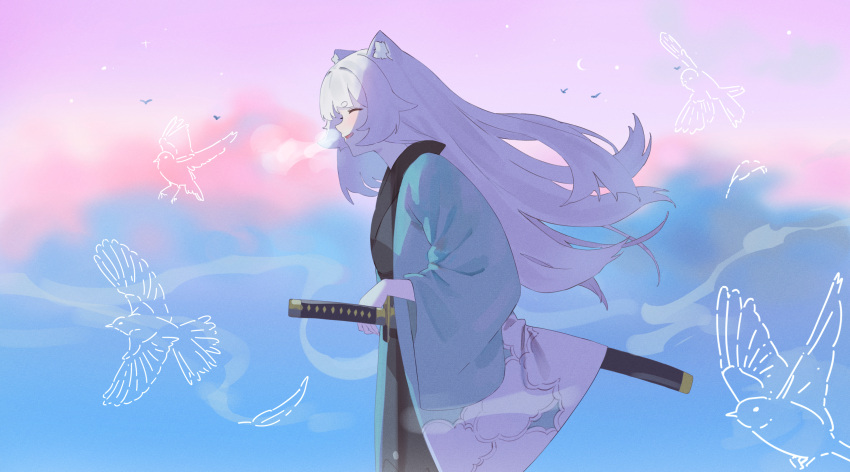 1girl animal_ear_fluff animal_ears bird black_kimono blush breasts closed_eyes fishofthelakes floating_hair from_side grey_hair hand_on_hilt haori highres japanese_clothes katana kimono long_hair open_mouth original sheath sheathed short_eyebrows smile solo sword weapon