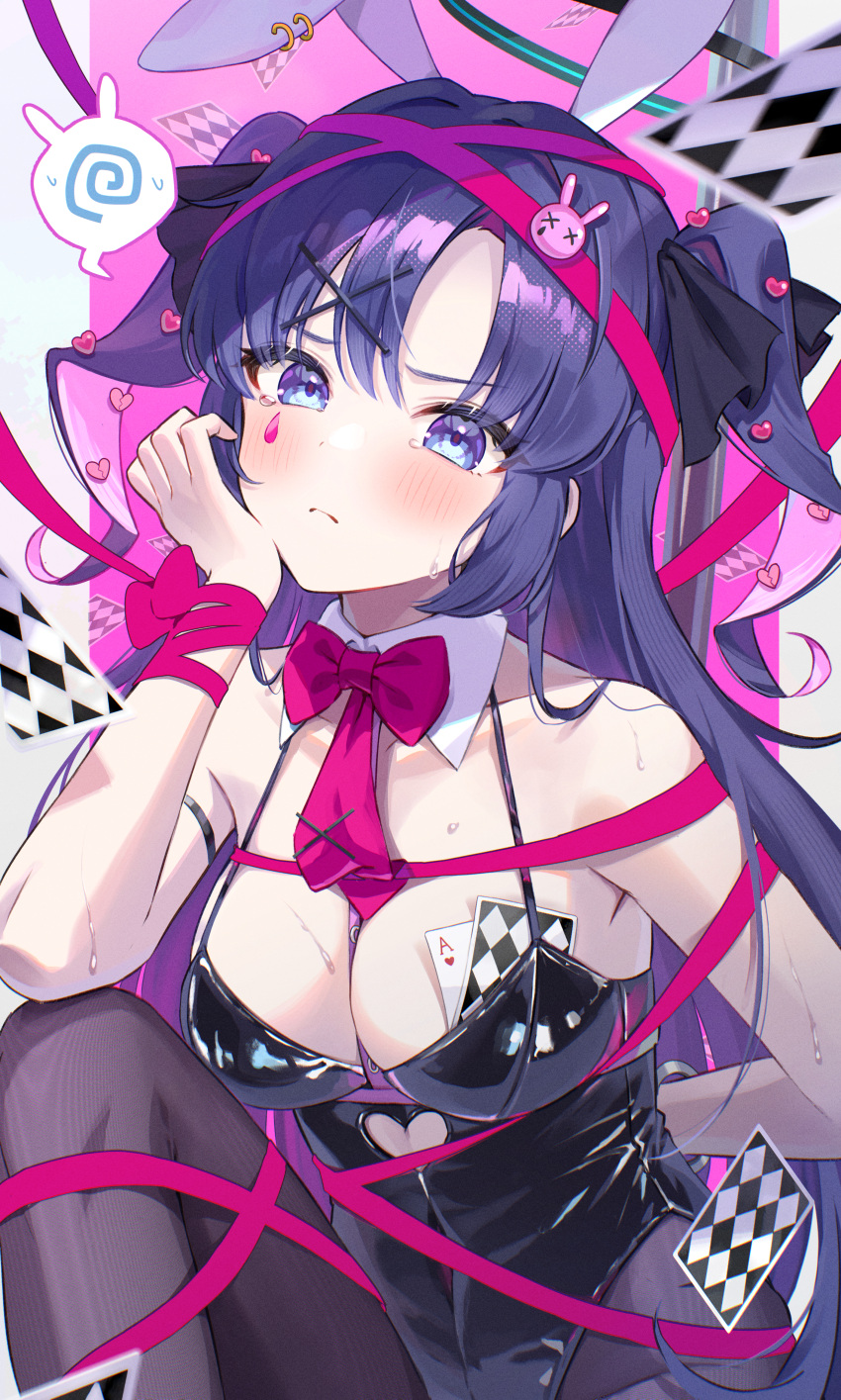 1girl absurdres alternate_costume animal_ears annoyed black_leotard blue_archive blue_eyes blue_hair blush bow bowtie breasts card closed_mouth commentary_request heart highres leotard looking_at_viewer momomoi_momoi pink_bow pink_bowtie pink_ribbon playboy_bunny playing_card purple_hair rabbit_ears rabbit_hole_(vocaloid) ribbon solo teardrop_facial_mark tearing_up vocaloid yuuka_(blue_archive)