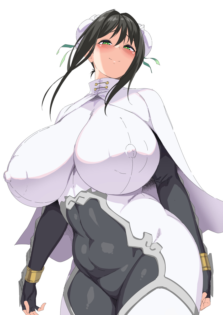 1girl absurdres black_hair bodysuit breasts bun_cover chinese_clothes closed_mouth covered_navel covered_nipples double_bun fate/grand_order fate_(series) fingerless_gloves gloves green_eyes green_ribbon hair_bun hair_ribbon hakai_shin highres huge_breasts impossible_bodysuit impossible_clothes large_breasts looking_at_viewer plump qin_liangyu_(fate) ribbon short_hair simple_background smile solo weapon white_background