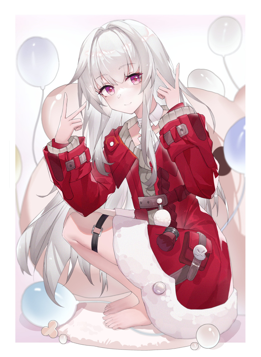 1girl absurdres balloon barefoot brown_sweater clara_(honkai:_star_rail) closed_mouth coat double_v eyebrows_hidden_by_hair full_body hair_between_eyes highres honkai:_star_rail honkai_(series) light_blush long_hair looking_at_viewer pink_eyes pouch red_coat rug simple_background smile solo squatting sweater thigh_strap user_dodder7777 v white_hair