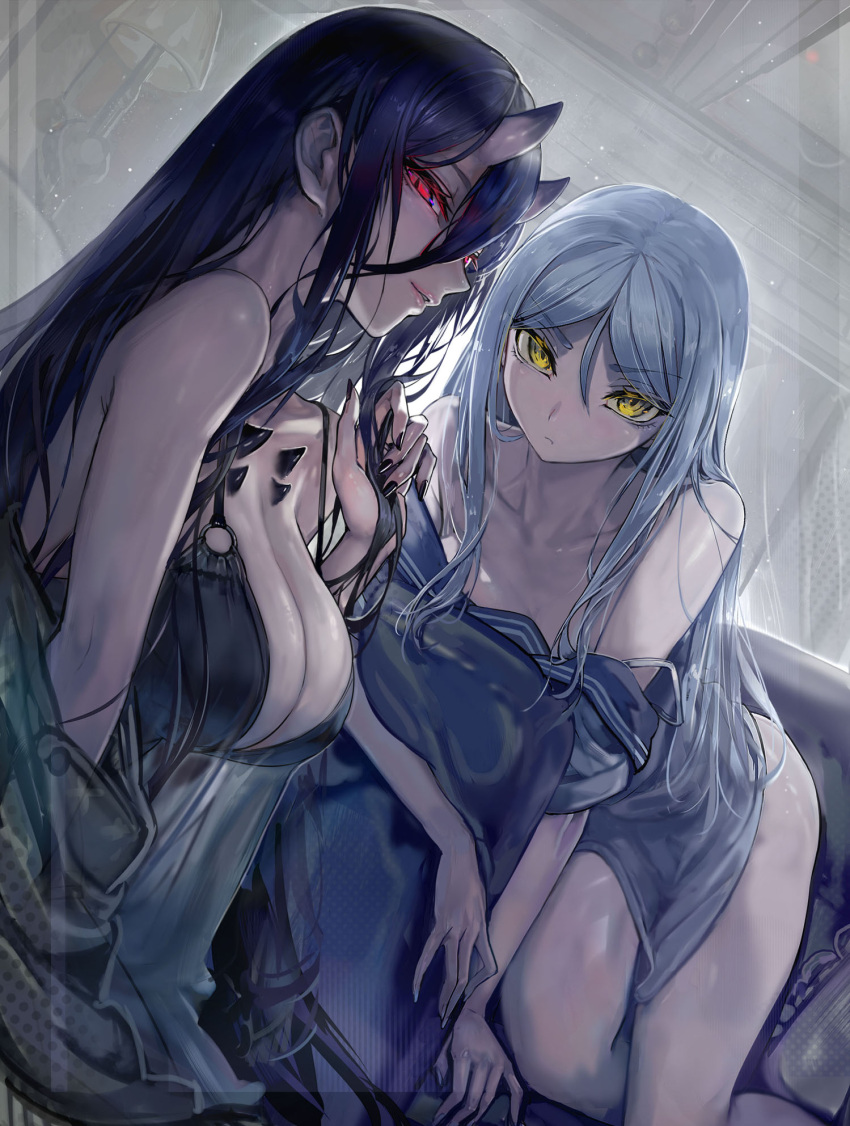2girls abyssal_ship battleship_princess black_dress black_hair black_nails breasts cleavage closed_mouth commentary_request dress grey_hair highres horns kantai_collection large_breasts long_hair long_hair_between_eyes multiple_girls pale_skin red_eyes skin-covered_horns sleeveless sleeveless_dress ta-class_battleship walzrj yellow_eyes
