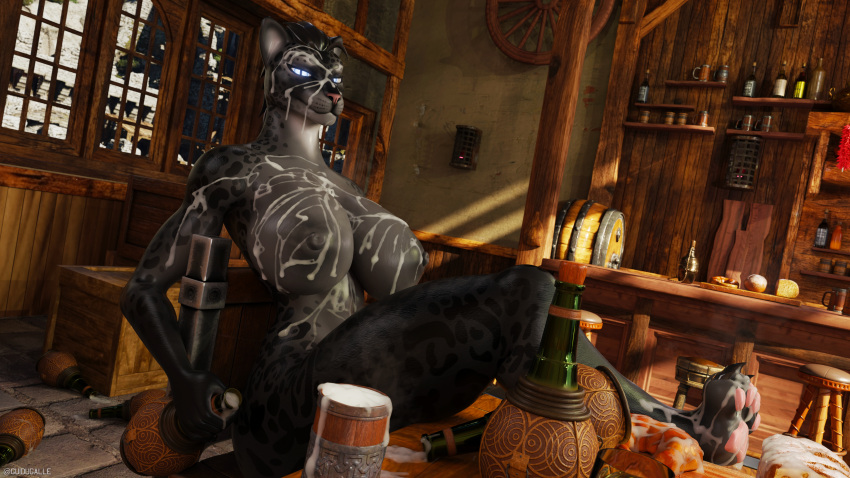 absurd_res alcohol anthro bedroom_eyes bethesda_softworks beverage big_breasts bodily_fluids breasts cum cum_in_mouth cum_inside cum_on_body cum_on_breasts cum_on_face drinking drinking_cum fantasy felid feline female genital_fluids glowing glowing_eyes guidugalle hi_res khajiit mammal narrowed_eyes nipples pawpads paws seductive skooma skyrim smile solo tavern the_elder_scrolls