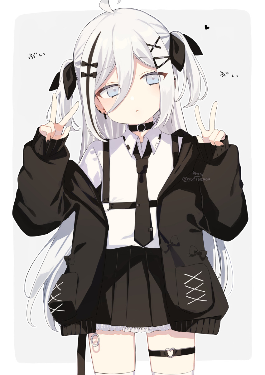 1girl :o absurdres ahoge black_bow black_choker black_jacket black_necktie black_ribbon black_skirt bow choker collared_shirt commentary_request double_v earrings grey_background grey_eyes grey_hair hair_between_eyes hair_bow hair_ornament hair_ribbon hairclip hands_up head_tilt heart heart_o-ring highres jacket jewelry long_hair long_sleeves looking_at_viewer multicolored_hair necktie off_shoulder open_clothes open_jacket original parted_lips pleated_skirt puffy_long_sleeves puffy_sleeves ribbon shirt signature skirt sleeves_past_wrists sofra solo standing streaked_hair thighhighs translation_request twitter_username two-tone_background two_side_up v very_long_hair white_background white_shirt white_thighhighs x_hair_ornament