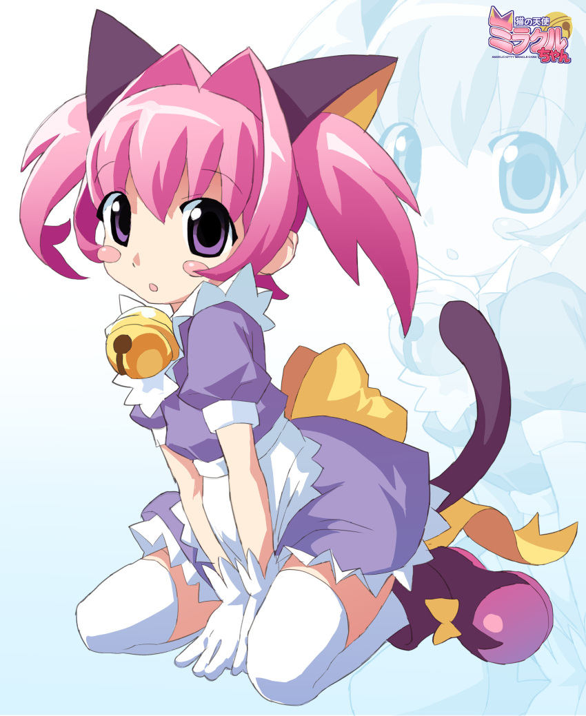 1girl absurdres animal_ears apron bell blush_stickers boots cat_ears cat_girl cat_tail colinarmis commentary_request dress gloves hair_intakes highres jingle_bell logo miracle-chan neck_bell original pink_hair purple_dress purple_eyes purple_footwear short_dress sitting solo tail thighhighs twintails waist_apron wariza white_gloves white_thighhighs zoom_layer