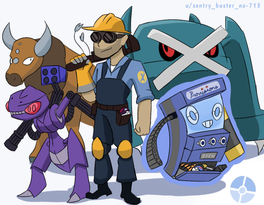 ambiguous_gender anthro armor artist_name blue_clothing blue_shirt blue_topwear clothing crossover dispenser dispenser_(team_fortress_2) engineer_(team_fortress_2) eyewear feral fusion gatling_gun generation_1_pokemon generation_3_pokemon generation_4_pokemon generation_5_pokemon genesect gloves goggles group gun handwear hard_hat headgear helmet horn human legendary_pokemon machine machine_gun male mammal metagross minigun nintendo pokeball pokemon pokemon_(species) purple_body ranged_weapon red_eyes robot rocket_launcher rotom sentry_buster_no-713 sentry_gun_(team_fortress_2) shadow shirt simple_background standing tauros team_fortress_2 tools topwear valve weapon white_background wrench