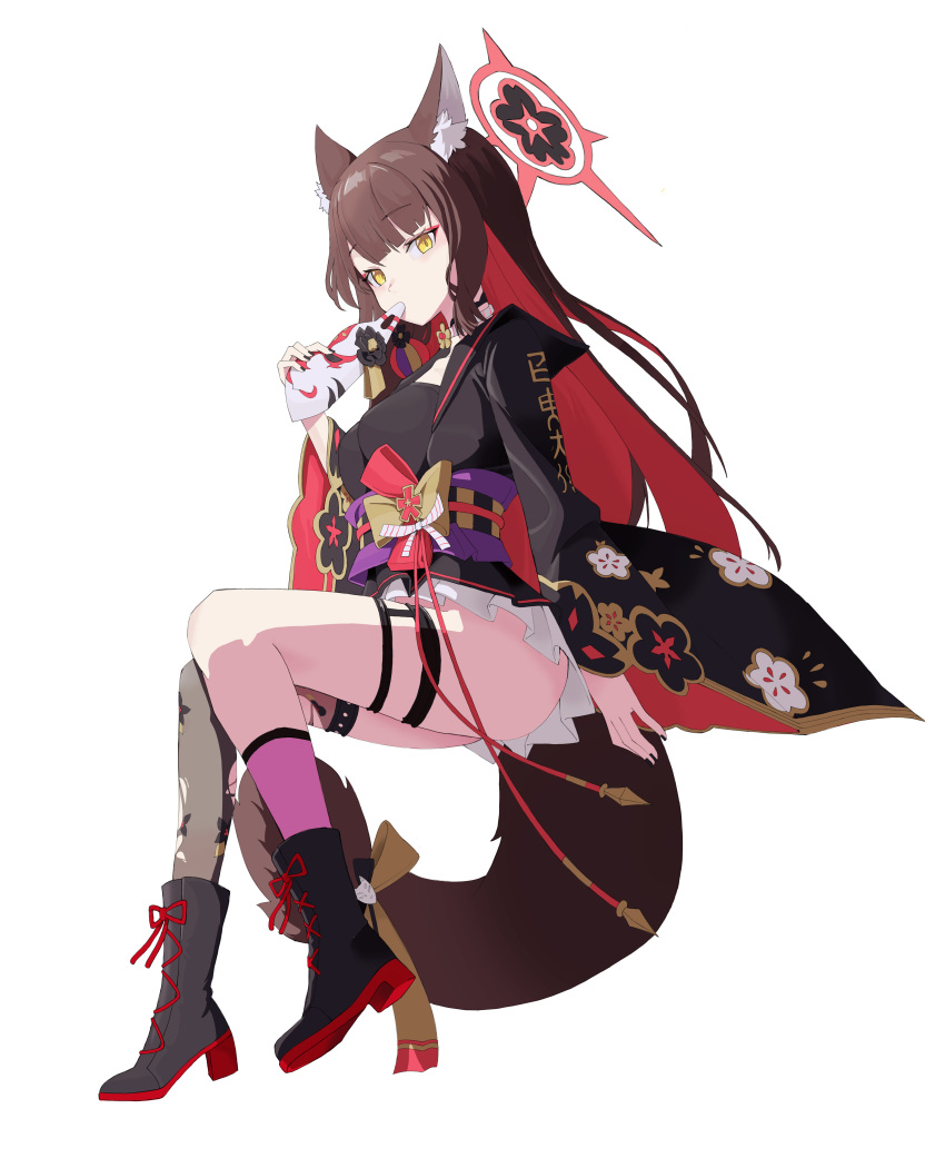 1girl absurdres animal_ears ass black_kimono black_nails blue_archive blush boots bow breasts brown_hair choker colored_inner_hair covering_own_mouth cross-laced_footwear eyeshadow fox_ears fox_girl fox_mask fox_tail full_body halo highres holding holding_mask japanese_clothes kimono long_hair long_sleeves looking_at_viewer mahou_gnome makeup mask multicolored_hair no_panties obi red_eyeshadow red_hair red_halo sash short_kimono simple_background single_thighhigh skirt solo tail tail_bow tail_ornament thigh_strap thighhighs unworn_mask wakamo_(blue_archive) white_background white_skirt wide_sleeves yellow_bow yellow_eyes