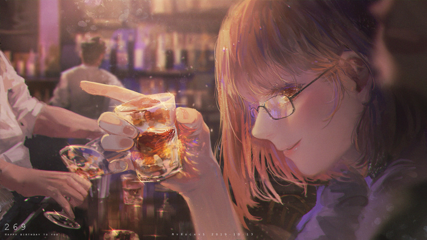 1girl 1other 2boys alcohol artist_name bar_(place) bartender black-framed_eyewear blurry blurry_background blush brown_eyes brown_hair caustics cocktail_glass cup depth_of_field drinking_glass from_side glasses hair_behind_ear hand_up holding indoors leaning_forward light_particles light_smile lips long_bangs long_sleeves looking_at_viewer looking_to_the_side multiple_boys parted_lips refraction semi-rimless_eyewear shirt short_hair smile solo_focus under-rim_eyewear white_shirt wudi_sao_nian