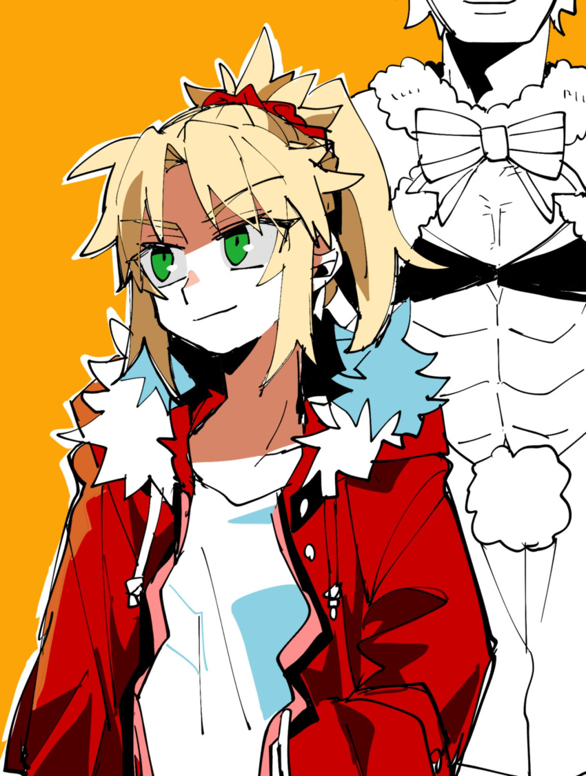 1boy 1girl abs blonde_hair bow character_request closed_mouth fate/apocrypha fate/grand_order fate_(series) green_eyes hair_ornament hair_scrunchie highres jacket mordred_(fate) mordred_(fate/apocrypha) mordred_(memories_at_trifas)_(fate) open_clothes open_jacket orange_background ponytail red_jacket red_scrunchie scrunchie shirt simple_background solo_focus uotsu_(sabakou) white_shirt