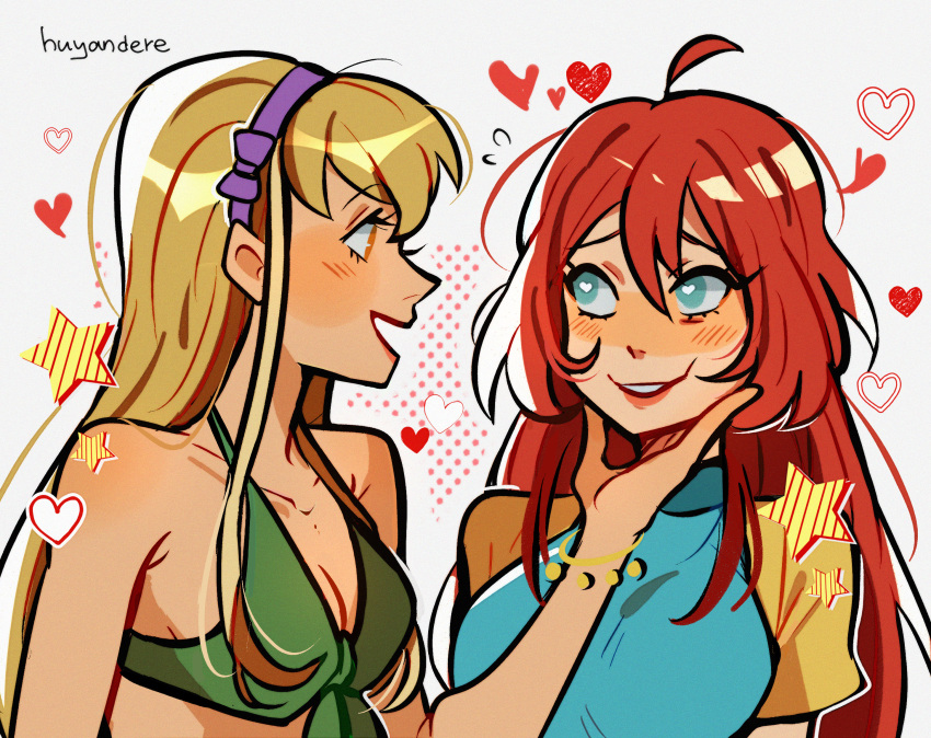 2girls ahoge armpit_crease blonde_hair bloom_(winx_club) blue_eyes bracelet breasts cleavage commentary english_commentary front-tie_top hair_between_eyes hairband hand_on_another's_chin heart heart-shaped_pupils highres huyandere jewelry long_hair medium_breasts multiple_girls orange_eyes parted_lips purple_hairband red_hair shirt signature stella_(winx_club) symbol-shaped_pupils t-shirt two-tone_shirt winx_club yuri