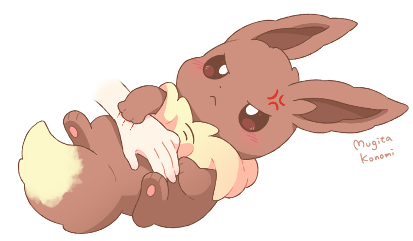 anger_vein angry animal_ears animal_feet animal_focus brown_eyes brown_fur closed_mouth eevee lying mugita_konomi on_back petting pokemon pokemon_(creature) scratching simple_background tail two-tone_fur white_background white_fur