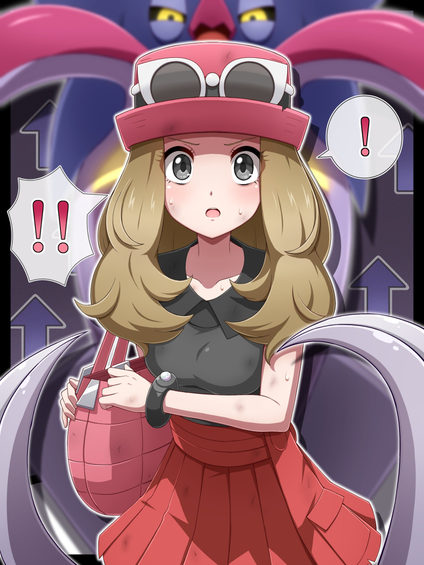 ! !! 1girl :o absurdres arrow_(symbol) bag blonde_hair blurry blurry_background bracelet breasts collared_shirt commentary_request grey_eyes handbag hat highres jewelry long_hair looking_at_viewer malamar pink_bag pink_hat pleated_skirt pokemon pokemon_(creature) pokemon_xy red_skirt serena_(pokemon) shabana_may shirt skirt spoken_exclamation_mark sunglasses sweat white-framed_eyewear