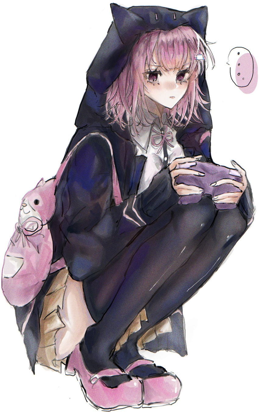 ... 1girl bag black_jacket danganronpa_(series) danganronpa_2:_goodbye_despair handheld_game_console highres hood hooded_jacket jacket medium_hair nanami_chiaki pi_no_(qqy6xxf8zxmbvyy) pink_hair pleated_skirt purple_eyes simple_background skirt solo speech_bubble white_background