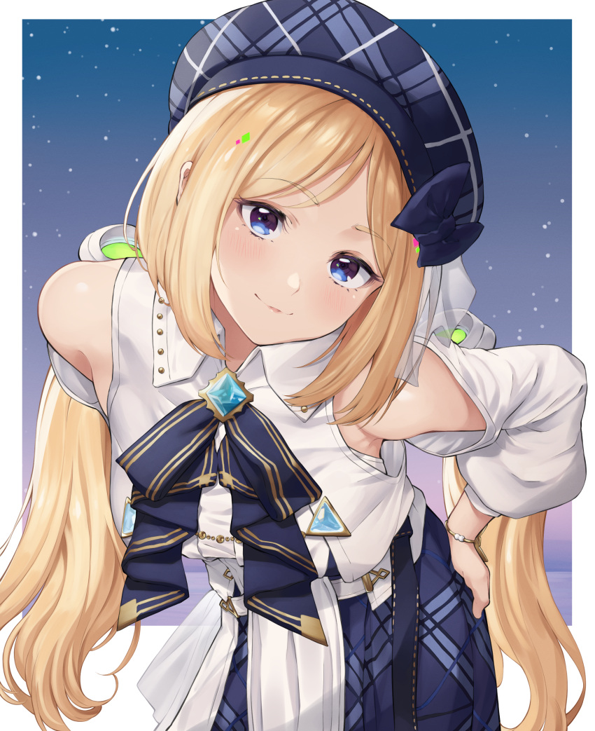 1girl absurdres aki_rosenthal bare_shoulders belt beret blonde_hair blue_belt blue_brooch blue_eyes blue_hat blue_journey_(hololive) blue_skirt border chest_bow detached_hair diamond-shaped_brooch hands_on_own_hips hat head_tilt highres hololive leaning_forward light_smile long_hair long_sleeves looking_at_viewer low_twintails official_alternate_costume parted_bangs plaid plaid_headwear plaid_skirt rena_sakuma shirt skirt sky solo star_(sky) starry_sky twintails very_long_hair virtual_youtuber white_border white_shirt