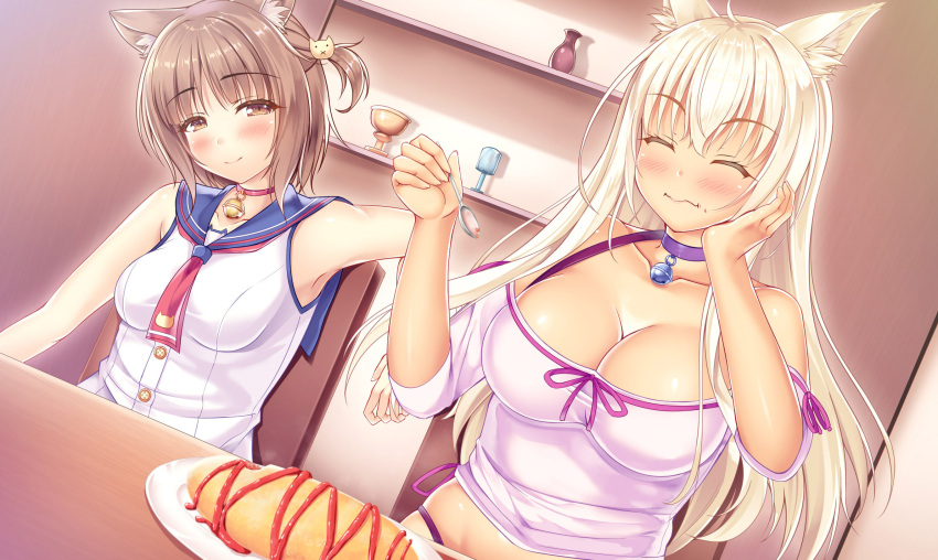 2girls :i ^_^ ahoge animal_ear_fluff animal_ears arm_at_side azuki_(nekopara) bare_arms bare_shoulders bell blonde_hair blue_sailor_collar blush breasts brown_eyes brown_hair cat_ears cat_girl cat_hair_ornament choker cleavage closed_eyes closed_mouth coconut_(nekopara) collarbone colored_eyelashes commentary_request dark-skinned_female dark_skin dutch_angle eating eyelashes eyes_visible_through_hair facing_viewer floating_hair food food_on_face fork hair_between_eyes hair_ornament half-closed_eyes hand_on_own_cheek hand_on_own_face hand_up hands_up happy highres holding holding_fork indoors jingle_bell large_breasts long_hair long_sleeves looking_at_another medium_breasts multiple_girls neckerchief nekopara off-shoulder_shirt off_shoulder omelet omurice purple_choker purple_shirt red_choker red_neckerchief sailor_collar shiny_skin shirt short_hair shrimp_3 sidelocks sitting sleeveless sleeveless_shirt slit_pupils smile split_mouth straight_hair two_side_up upper_body very_long_hair wavy_mouth white_shirt