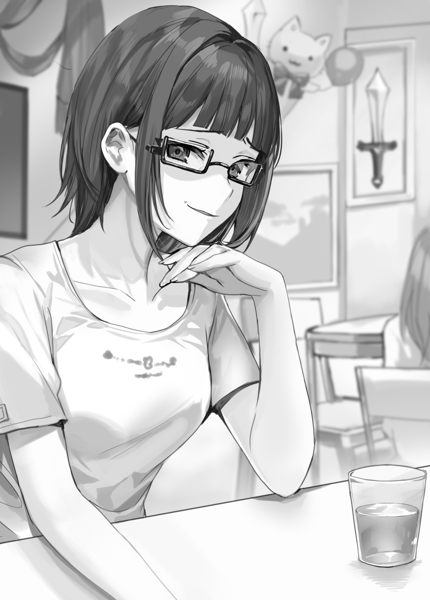 1girl 1other :3 absurdres arm_on_table balloon blunt_bangs bow bowtie breasts cat chair commentary_request furrowed_brow glass glasses greyscale hand_up head_tilt highres holding holding_balloon liquid looking_at_viewer medium_breasts medium_hair momoko_(momopoco) monochrome novel_illustration official_art sidelocks smirk solo_focus stuffed_animal stuffed_cat stuffed_toy sword table taniyama_sayaka tokidoki_bosotto_roshia-go_de_dereru_tonari_no_arya-san weapon