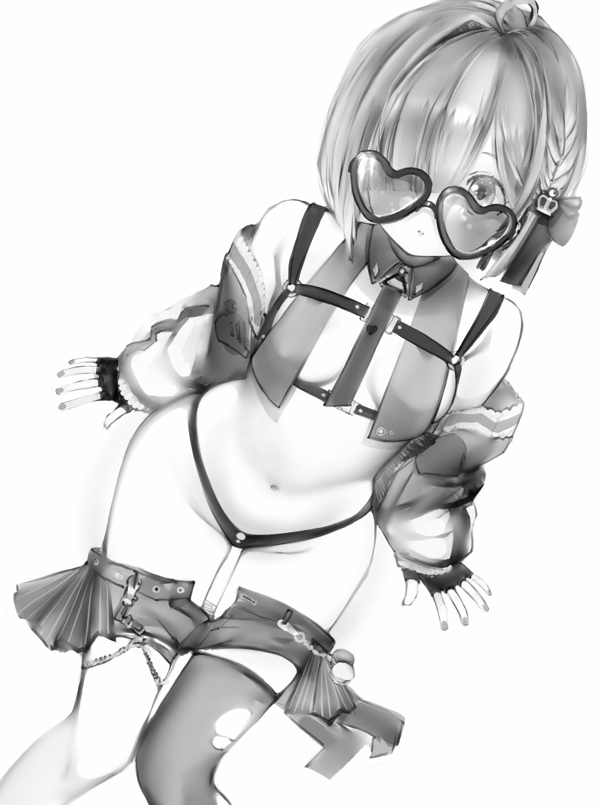 1girl absurdres ahoge braid breasts character_print chest_harness clothes_lift crown_hair_ornament fingerless_gloves fingernails food gloves greyscale hair_over_one_eye hair_ribbon harness heart heart-shaped_eyewear highres himemori_luna himemori_luna_(streetwear) hololive jacket lips long_sleeves looking_at_viewer luknight_(himemori_luna) macaron medium_hair miniskirt monochrome nanashi_(nlo) navel necktie open_fly panties ribbon simple_background single_thighhigh sitting skirt skirt_lift sleeves_past_wrists solo stomach sunglasses thighhighs thighs torn_clothes torn_thighhighs underwear virtual_youtuber